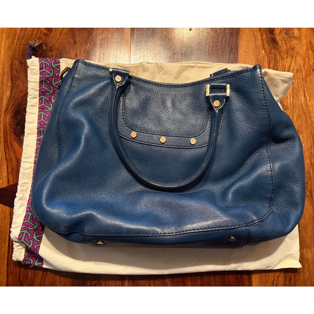 Tory Burch Blue Amanda Classic Hobo Pebbled Leather Gold Hardware + Dust Bag
